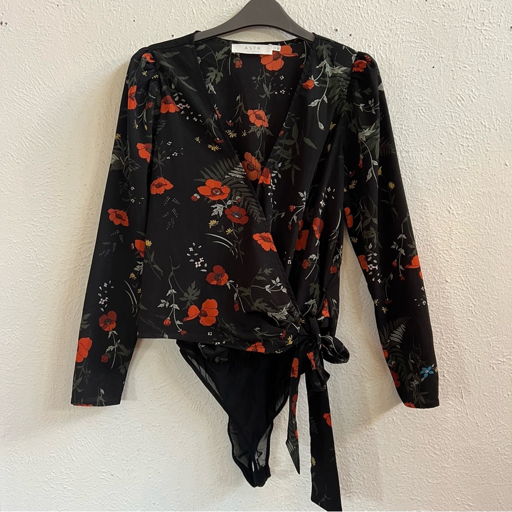 Astr Floral Wrap Bodysuit in Black and Red